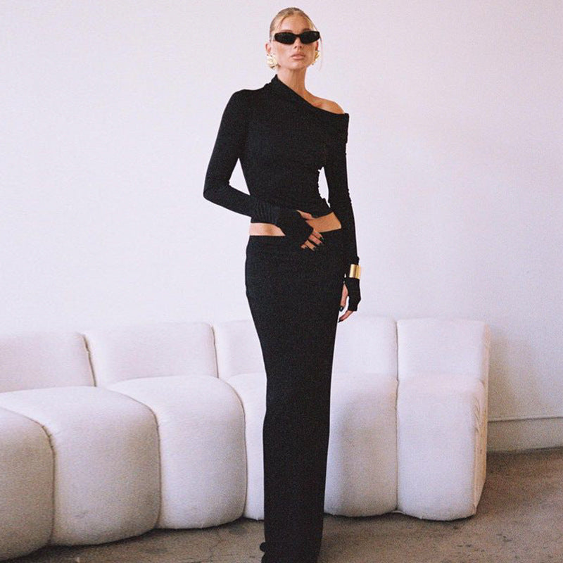 Irregular Long Sleeve Top Sheath Slim-fit Mid-length Skirt Two-piece Suit -