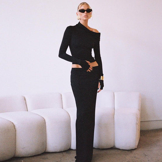 Irregular Long Sleeve Top Sheath Slim-fit Mid-length Skirt Two-piece Suit -