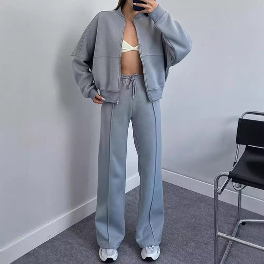 Spring Fashion Solid Color Zipper Cardigan Straight-leg Pants Women's Suit -