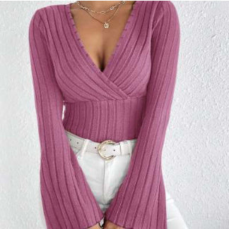 Bluză Feminină cu Dungi, Decolteu V - Slim Fit, Mânecă Lungă -
