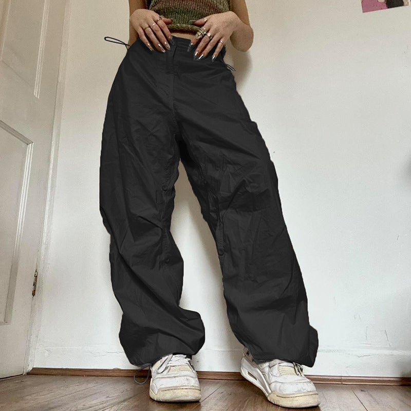 Summer New European And American Sports Style Solid Color Basic Overalls Loose All-matching Casual Trousers High Waist Wide Leg Pants For Women -