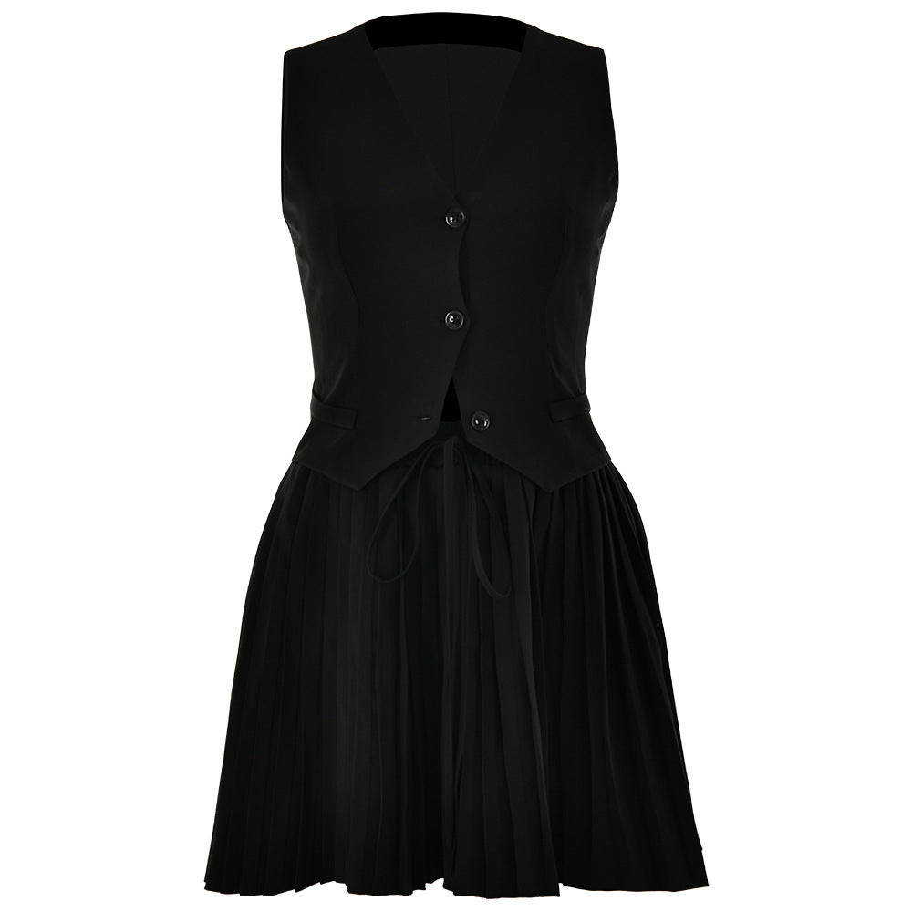 Ladies' Vest Solid Color Pleated Skirt Suit -