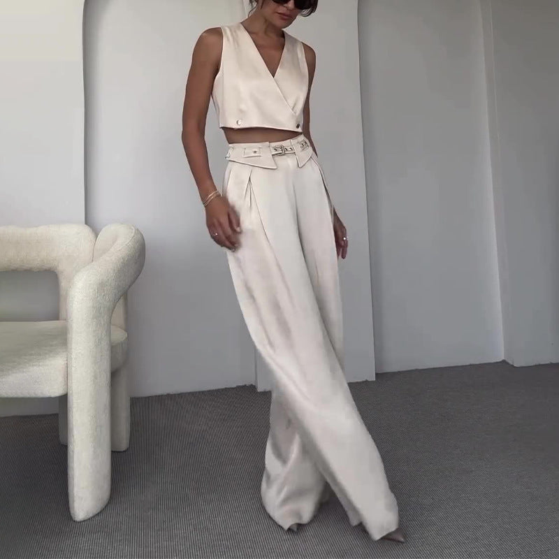 Women's Sleeveless V-neck Short Vest Top Straight-leg Pants Two-piece Set -