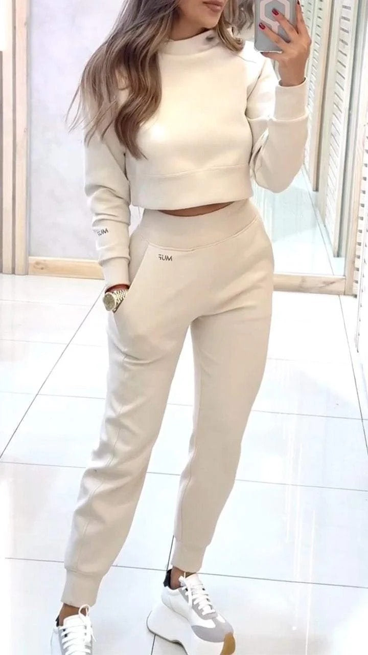 Set Sport-Casual Feminin: Top Mâneci Lungi, Pantaloni Drepți cu Buzunare -