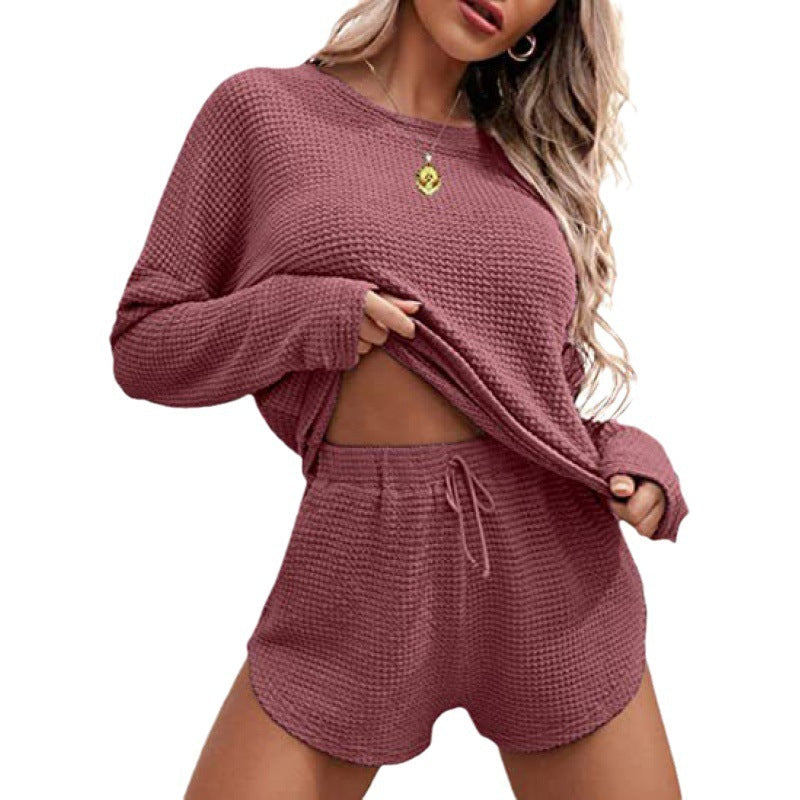 Women's Fashionable Simple Solid Color Waffle Knitted Pajama Set -