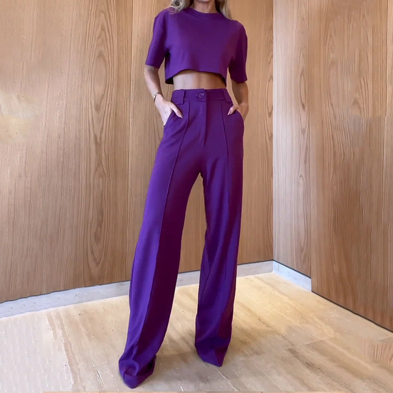 Straight Leg Trousers Solid Two-piece Set -