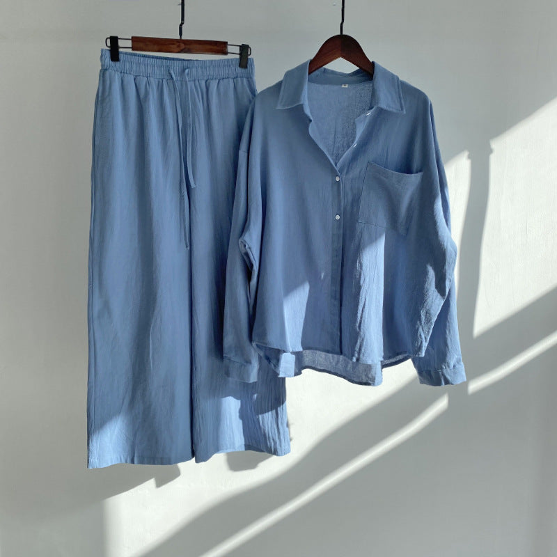 Cross-border Women's Ancient Cotton And Linen Shirt Outfit High Waist Loose Trousers -