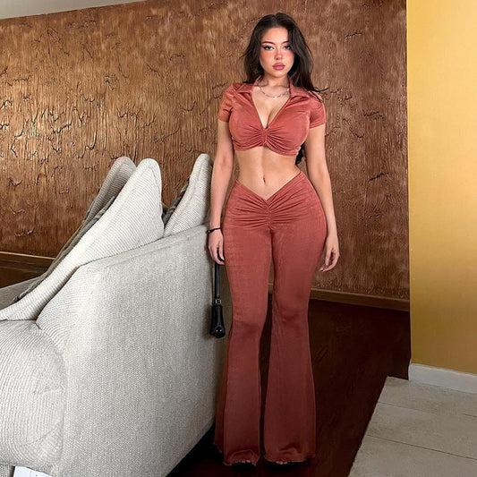 High Waist V-shaped Slim Fit Micro Ragged Pants Two Piece Set -