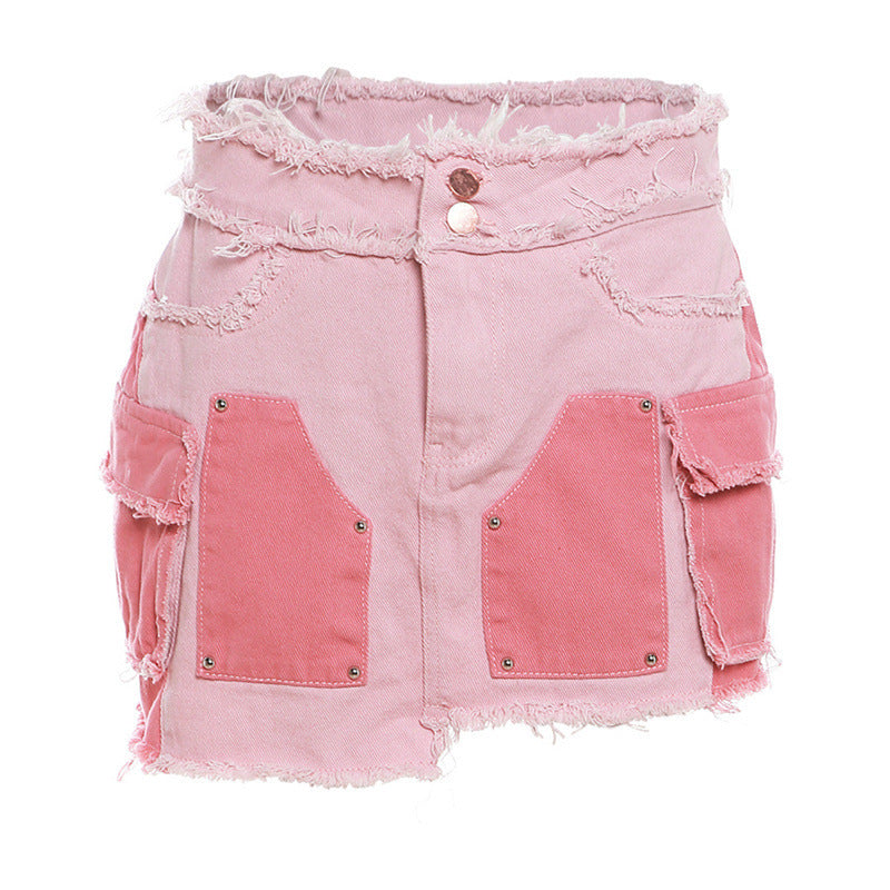 Women's Fashion Leisure Cargo Contrast Color Lapels Slim Denim Jacket -