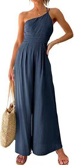 New Solid Color Loose Wide-leg Cotton And Linen Jumpsuit -