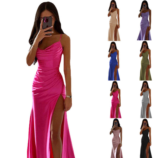 Breast Shrink Pleated Slit Satin Slim-fit Bag Buttock Dress -