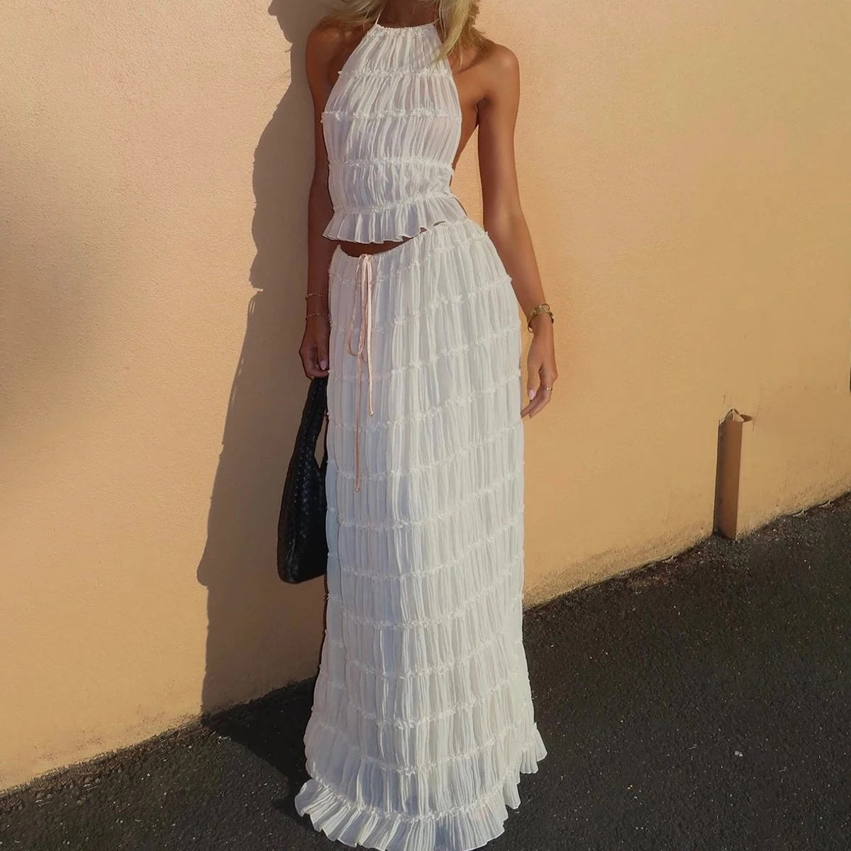Set Plajă : Top Halter Spate Decoltat + Fustă Lungă Plisată -