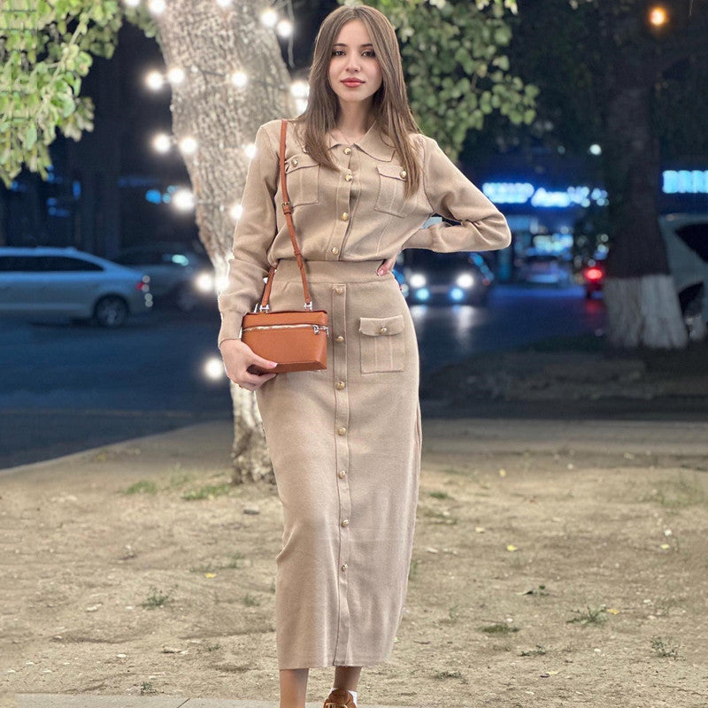 Elegant Pleated Slim-fit Lapel Woolen Skirt Two-piece Suit -