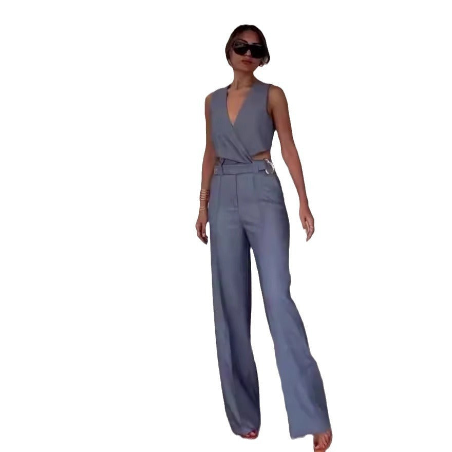 Women's Fashion Cross Slim Sleeveless Vest High Waist Wide Leg Pants Suit -