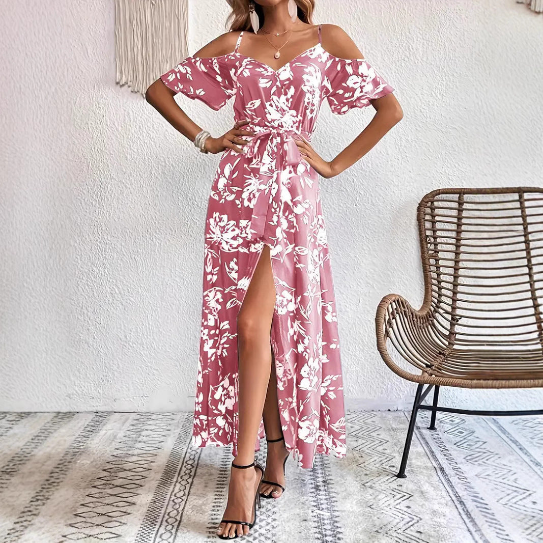 Ins Off-Shoulder Split Dress Summer Floral Print Suspender Long Dresses With Belt Design Women's Beach Clothing -
