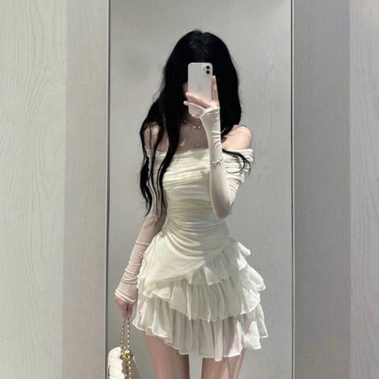 Shoulder Off-the-shoulder Slim Top Tiered Skirt Suit -