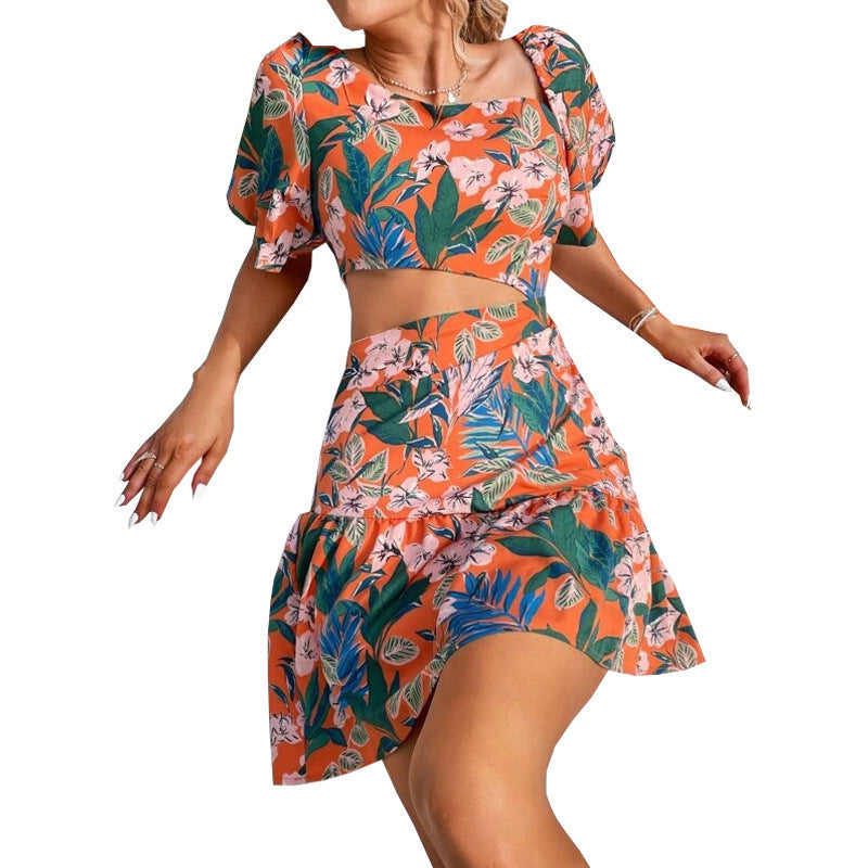 Women's Floral Short Sleeve Dress Two Piece Set -