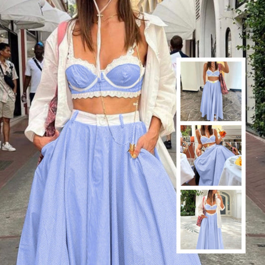 2 Pieces Lace Splicing Sling Vest High Waist Big Swing Skirt Fashion Blue Print Sets Spaghetti Strap Lace Bra And High Waisted Loose Pleated Skirts Sets -