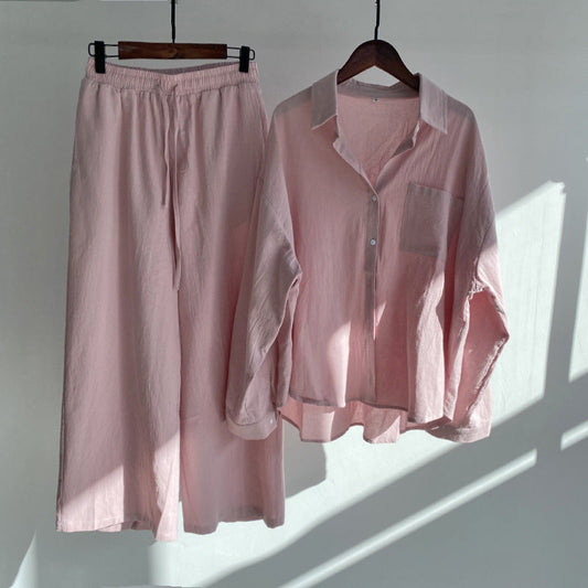 Cross-border Women's Ancient Cotton And Linen Shirt Outfit High Waist Loose Trousers -