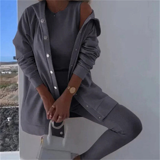 Women's Fashion Sports And Leisure Hooded Sweater Vest Pants Three-piece Set -