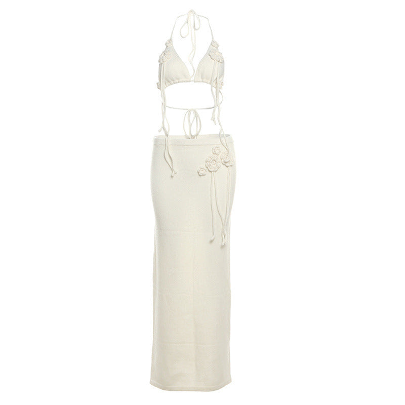 European And American Hot Girl Knitted Sleeveless Halter Navel Hip Skirt Suit -