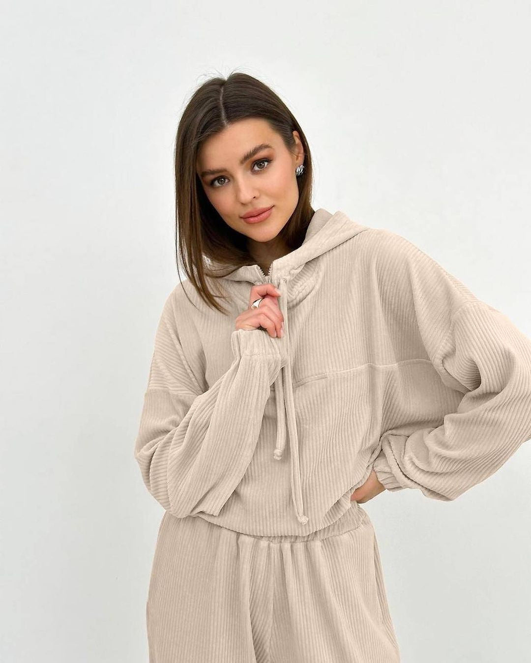 Women's Fashion Minimalist Long Sleeve Hooded Zipper Trousers Suit -
