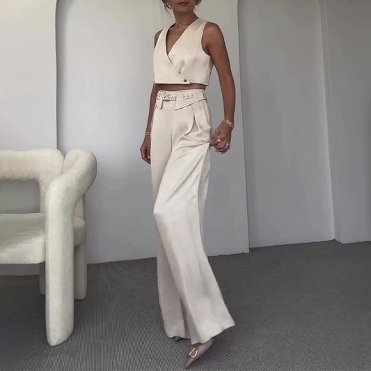 Women's Sleeveless V-neck Short Vest Top Straight-leg Pants Two-piece Set -