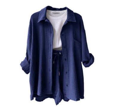 Women's Wrinkled Fabric Lapel Long Sleeved Shirt Shorts Fashion Casual Set -