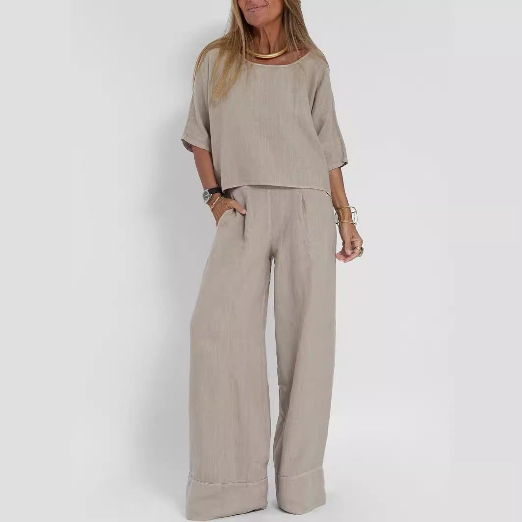 Women's Cotton And Linen Casual Cropped Sleeves Wide-leg Pants Suit -