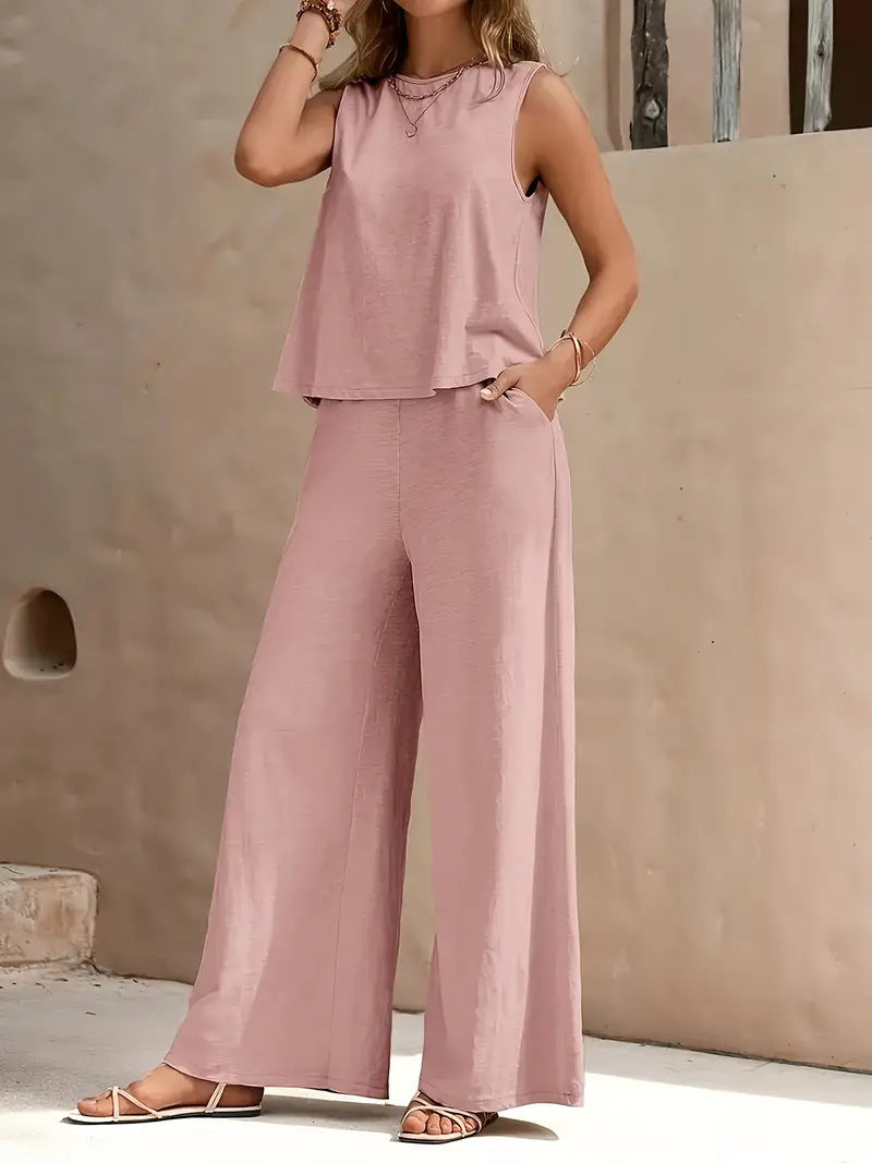 Solid Color Casual Loose Pants Sets For Women Elegant Spring Summer Women's Two Pieces Suit Full Trouser Set Female Outfit Clothes -