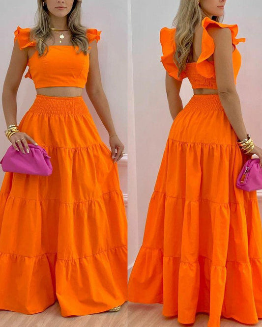 Women's New Solid Color Mid Waist Big Swing Two Piece Dress -