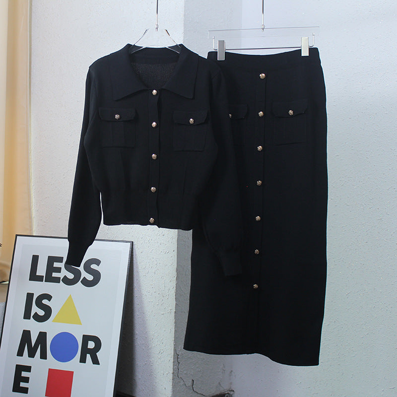 Elegant Pleated Slim-fit Lapel Woolen Skirt Two-piece Suit -
