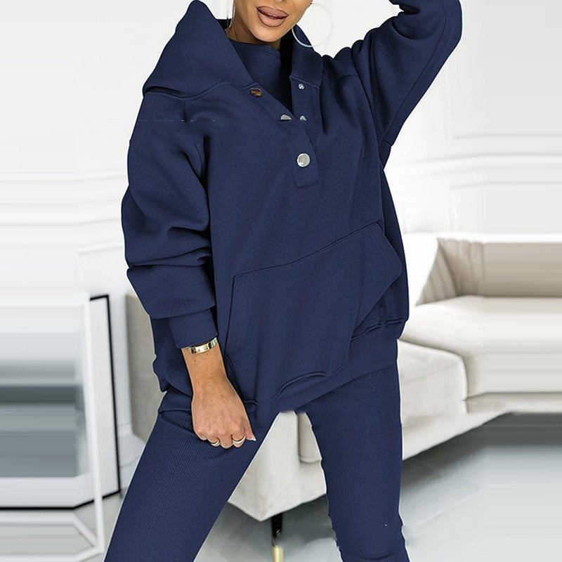 3pcs Women's Sports Suit Loose Hooded Pockets Sweatshirt And Vest And Slim Trousers -