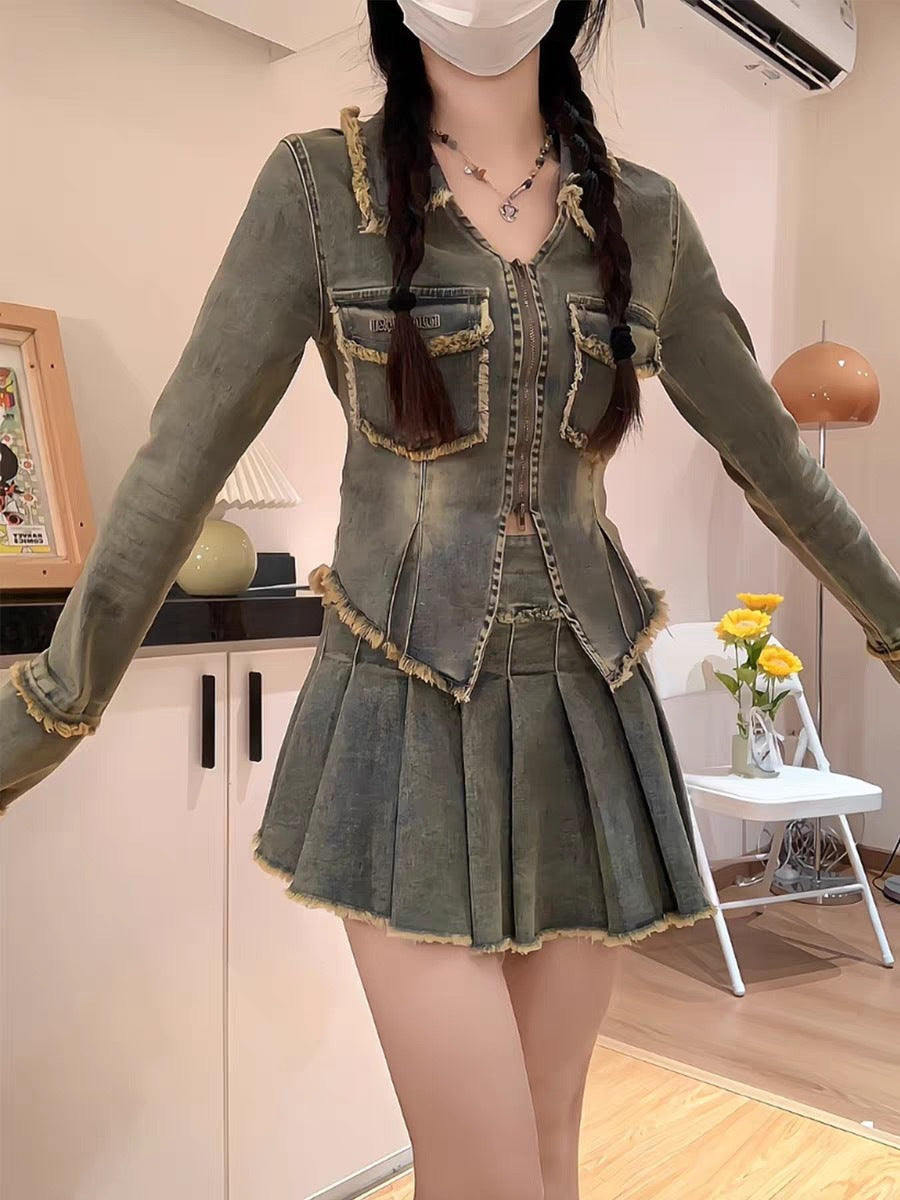 Hot Girl Washed Frayed Hem Denim Short Coat Two-piece Suit -