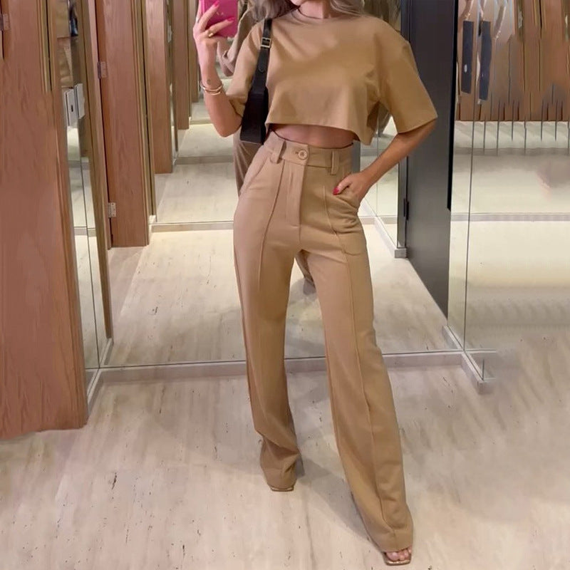 Straight Leg Trousers Solid Two-piece Set -