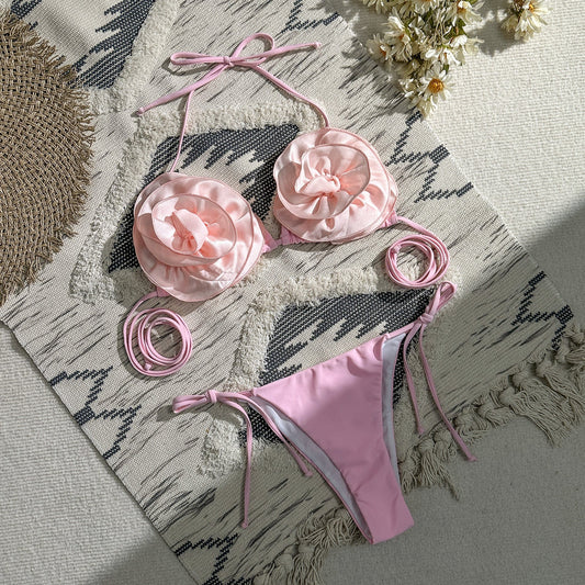 Women's Fashion 3D Flower Split Bikini Swimsuit -