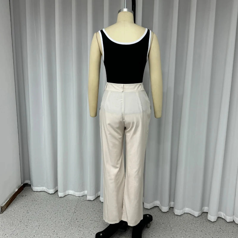 Autumn New Contrast Color Suspenders Slim High Waist Trousers Two-piece Set For Women -