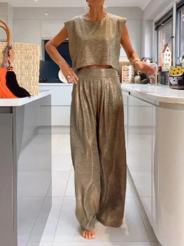 Women's Casual Glossy Vest Wide Leg Pants Two-piece Suit -
