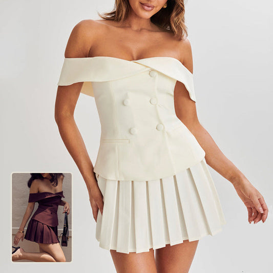 Elegant Suit Double-breasted Off-shoulder Top And Pleated Skirt Womens Clothing -