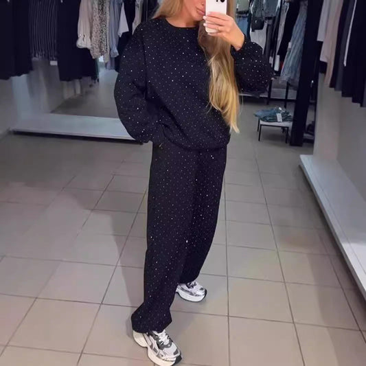 Women's Casual Round Neck Drilling Drawstring Ankle-tied Two-piece Suit -