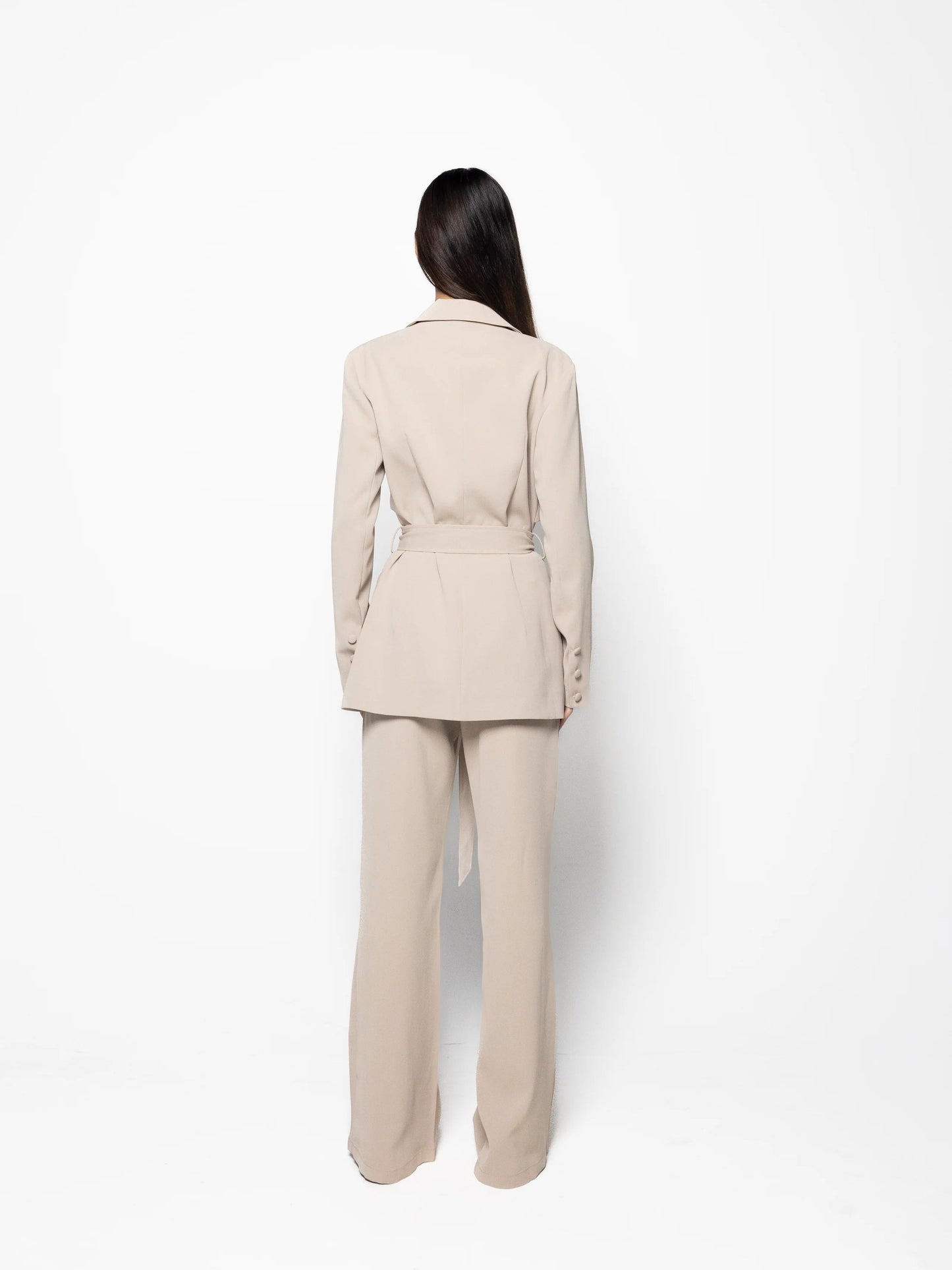 Elegant Solid Color Belted Blazer & High Waist Pants Set -