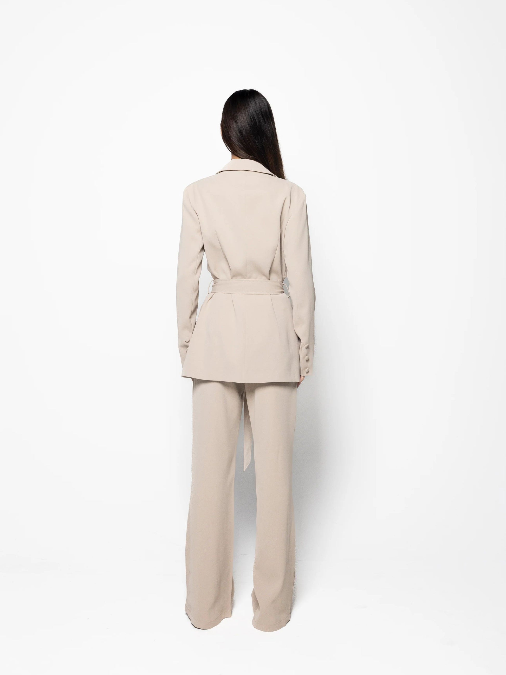 Elegant Solid Color Belted Blazer & High Waist Pants Set -