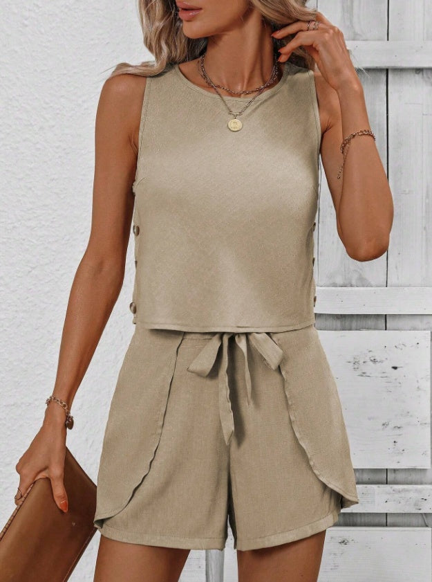 Fashion Casual Women's Solid Color Short Sleeve Suit -