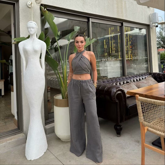 Hanging Collar Linen Top Wide Leg Pants Suit -