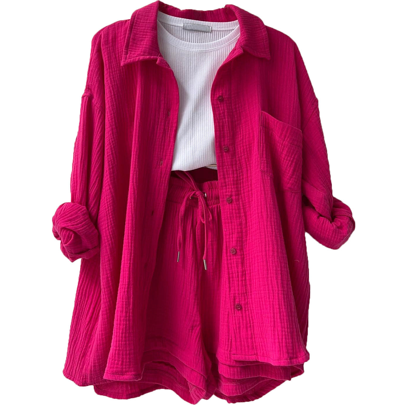 Women's Wrinkled Fabric Lapel Long Sleeved Shirt Shorts Fashion Casual Set -