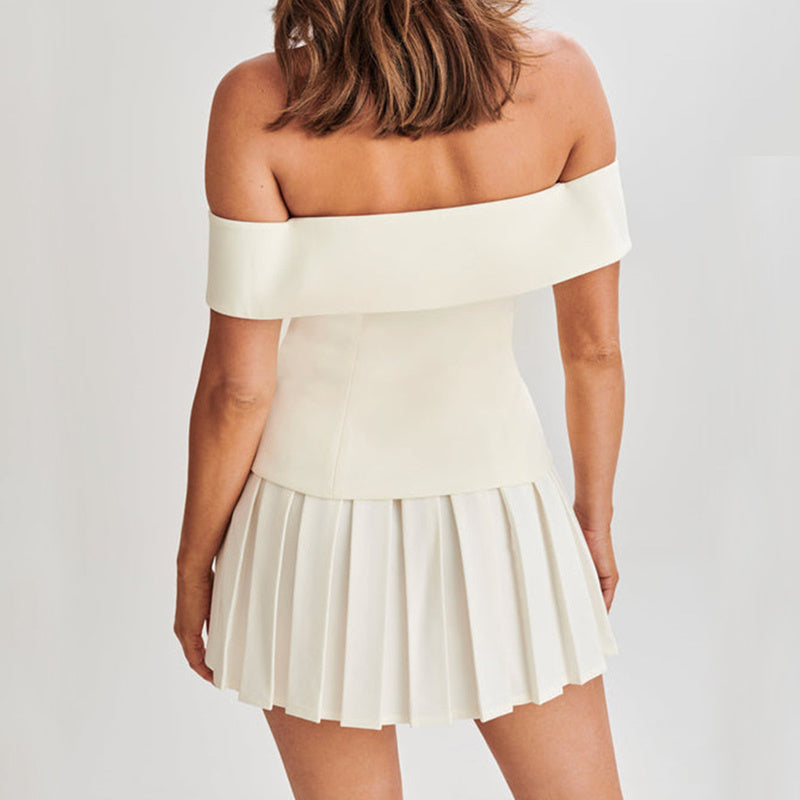 Elegant Suit Double-breasted Off-shoulder Top And Pleated Skirt Womens Clothing -