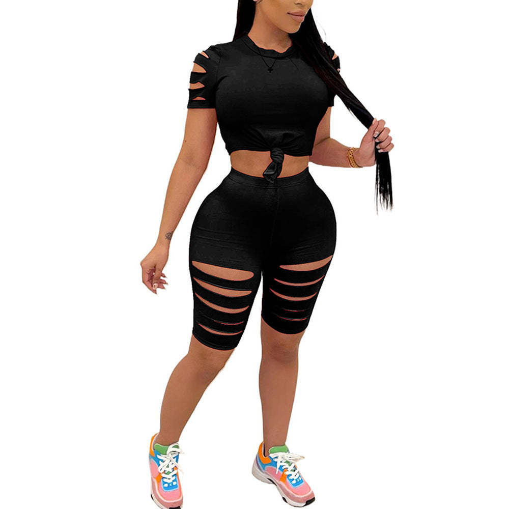Fashion Casual Sports Suit Broken Hole Women Clothing -