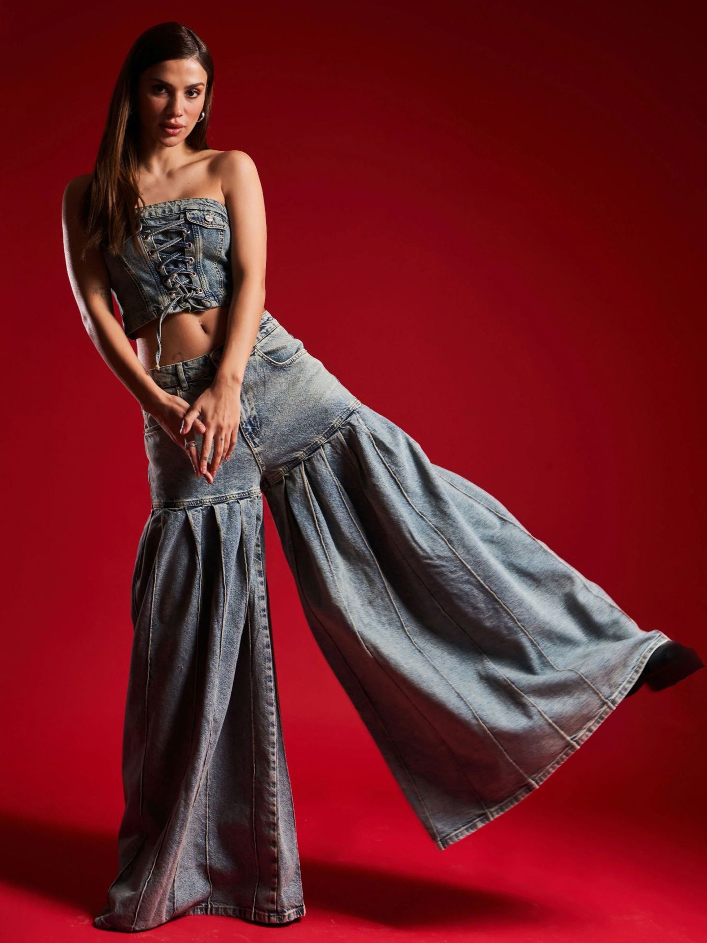 Strapless Denim Corset Crop Top & High - Waisted Pleated  Wide - Leg Pants Set -