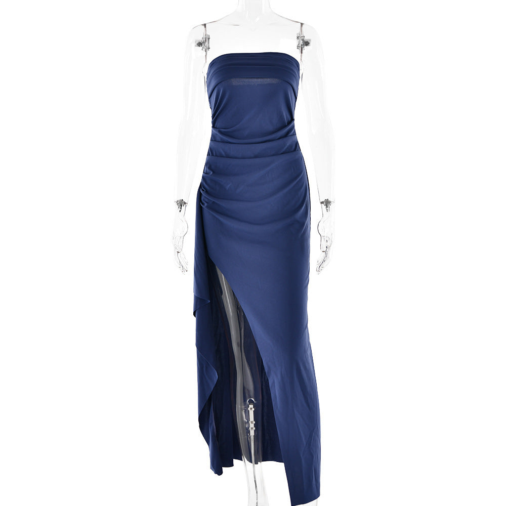 Rochie Eveniment Strapless - Pliuri Elegante, Fentă Laterală -