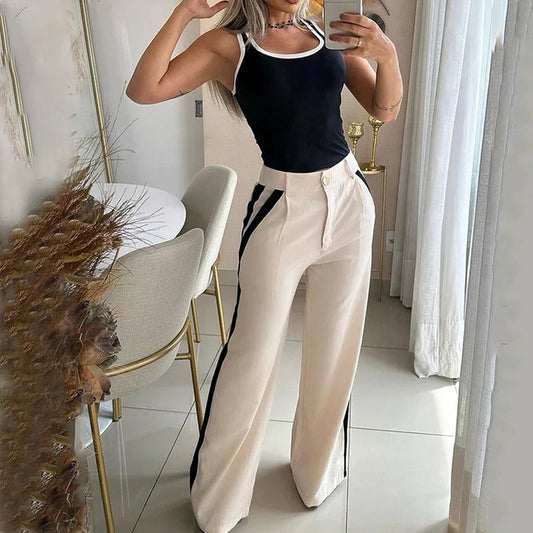 Autumn New Contrast Color Suspenders Slim High Waist Trousers Two-piece Set For Women -